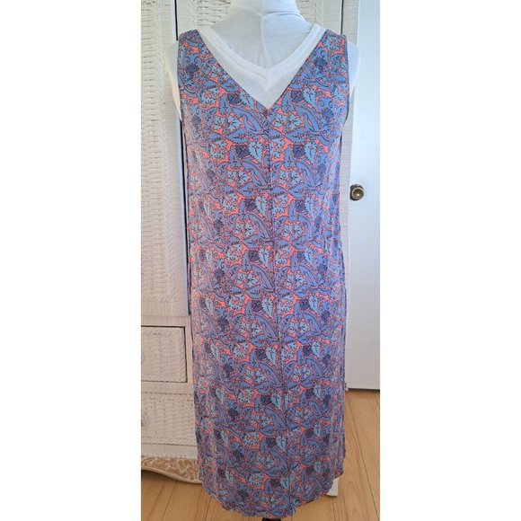 Tory Burch MIDI Dress Fun Print Blue Coral/ Orange Silk Simple Easy to Wear SZ S - Picture 2 of 8